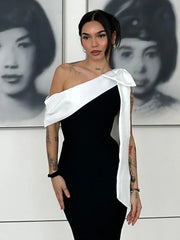 Black One Shoulder Contrast Tie Up  Midi Dress