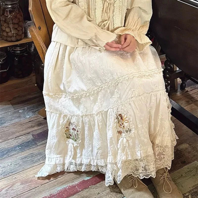 White Embroidery Lace Long Skirt - Sweet A-Line
