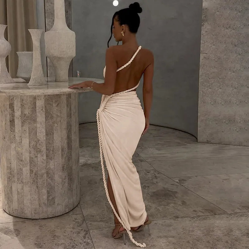 Cut Out Rope Design One Shoulder Slit Midi Dress
