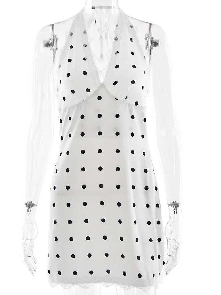 White Satin Polka Dot Lace Trim Mini Dress