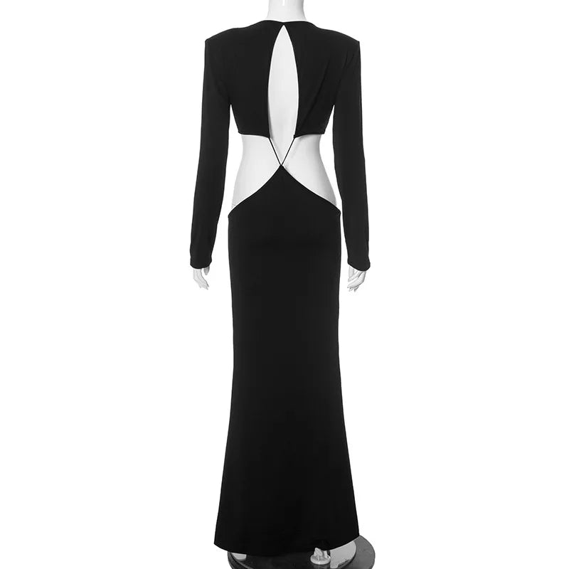 Black Long Sleeve Criss Cross Strap Cut Out Maxi Dress