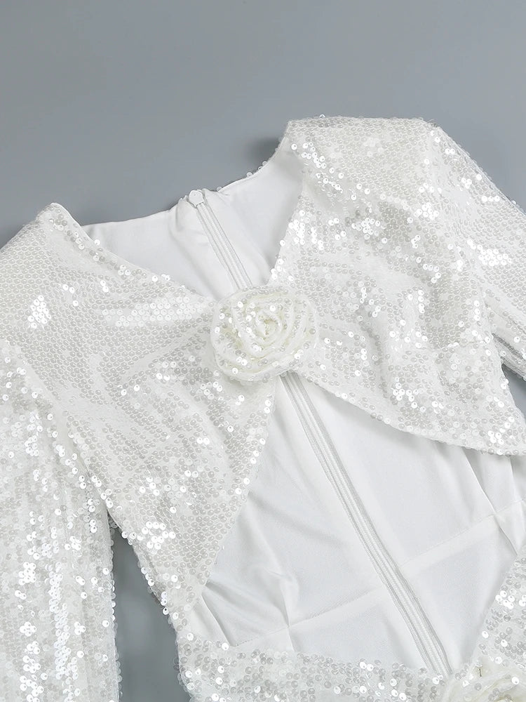 White Sequin Long Sleeve Flower Maxi Dress