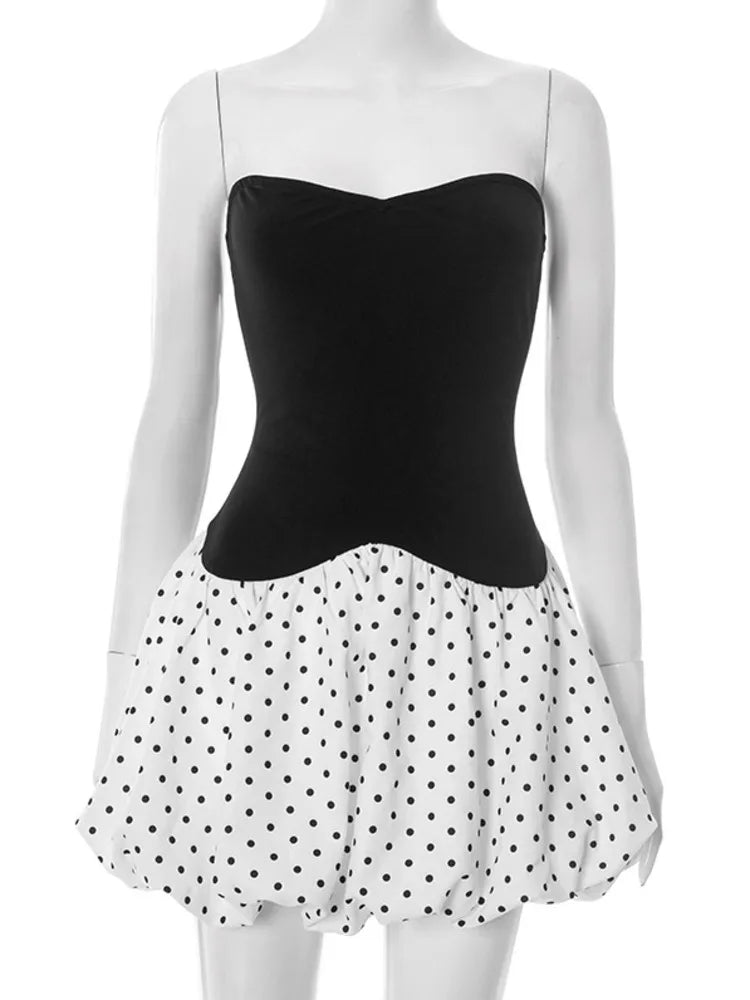 Black Patchwork Polka Dot Frill Mini Dress