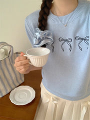 Bowknot Short Sleeve Round Neck Knit Top