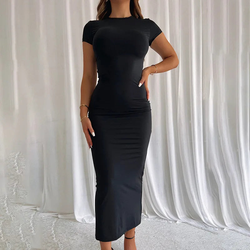 Crewneck Solid Short Sleeve Bodycon Long Dress