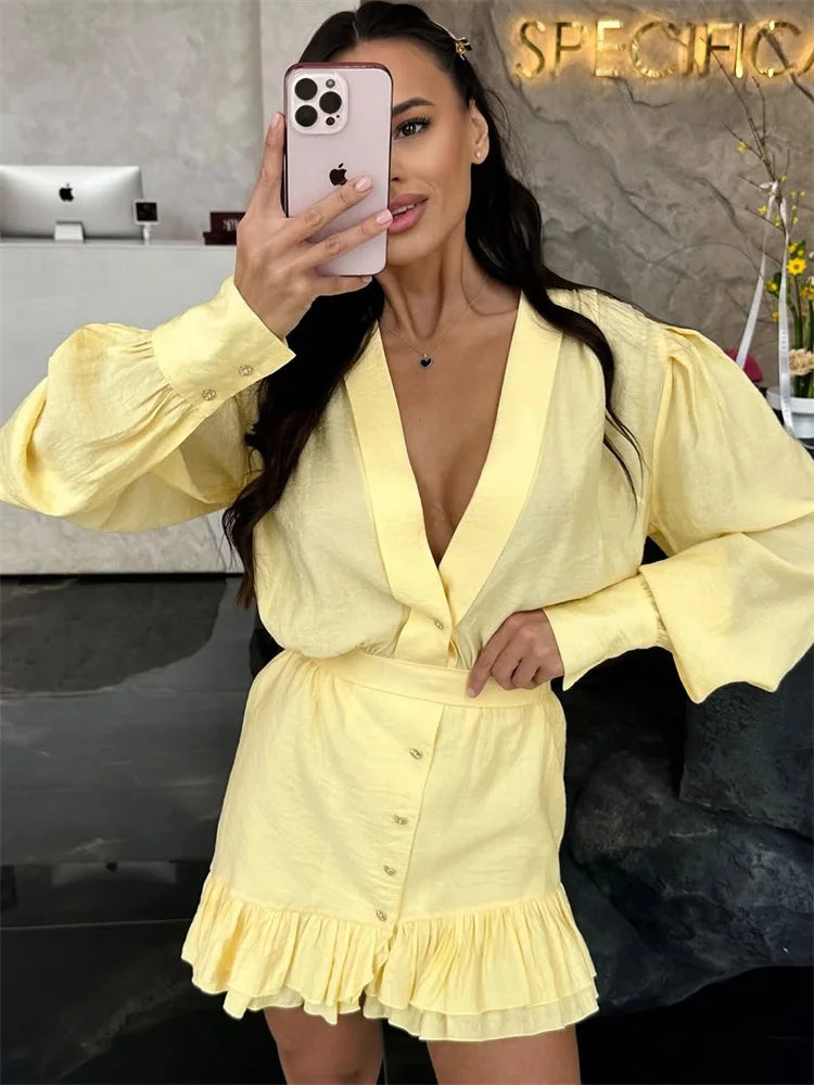 Yellow Ruffled V-Neck Mini Dress