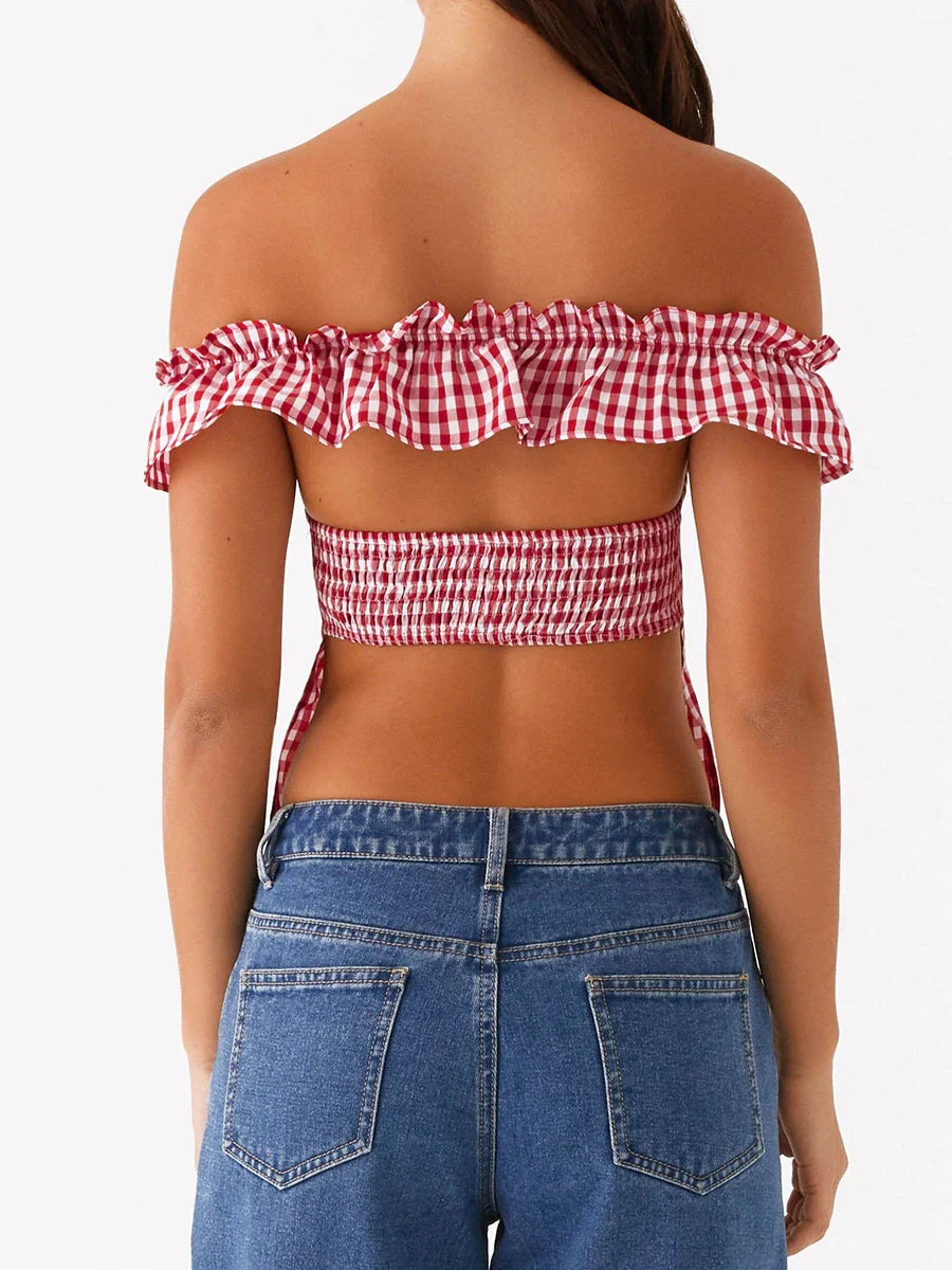 Red Plaid Off Shoulder Ruffles Top