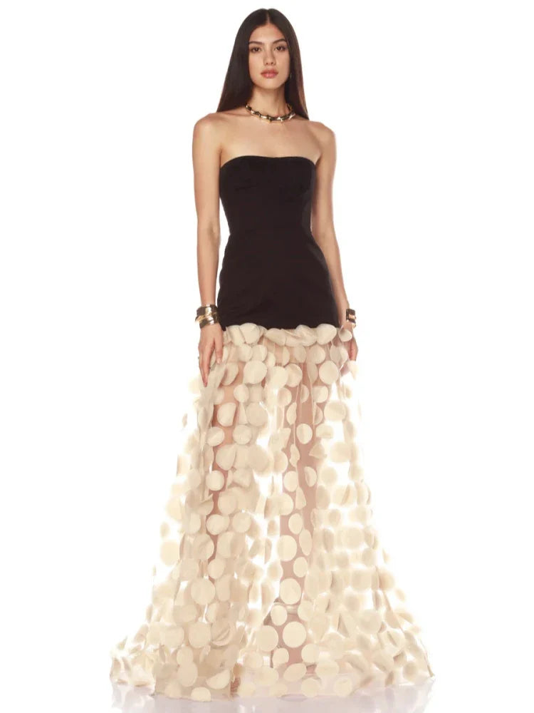 Black Strapless Dot Mesh Long Dress â€?A-Line Empire Waist