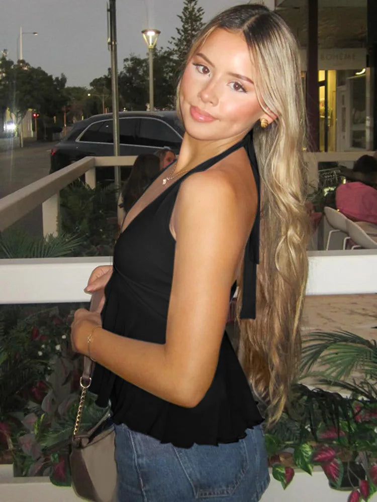 Deep Neck Mesh Metal Buckle Halter Vest Top