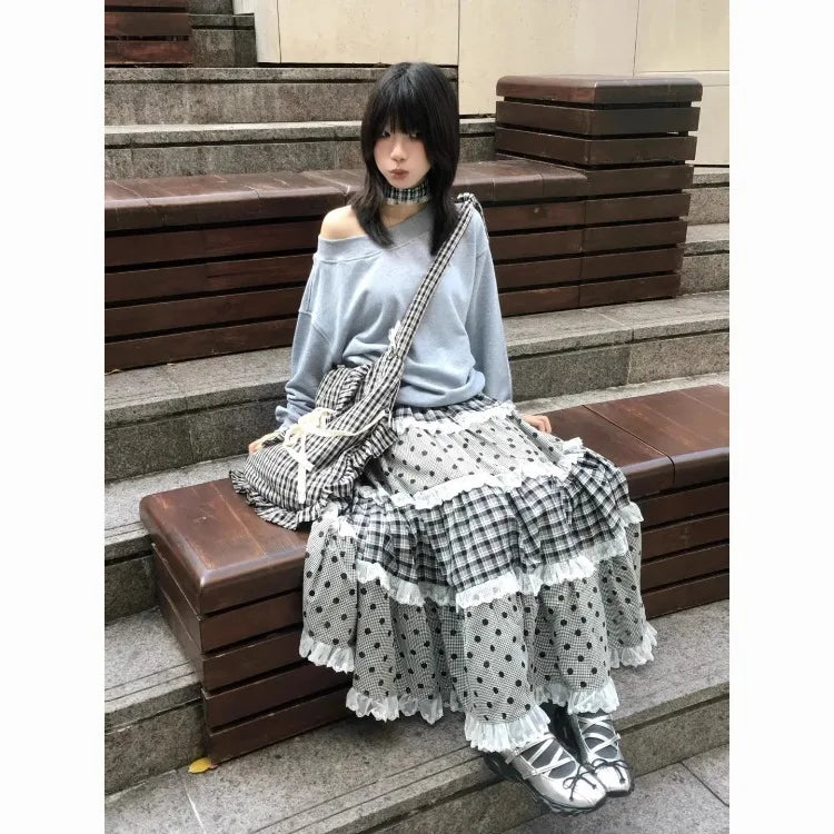 Black Plaid and Polka Dot Lace Patchwork Ruffles A-line Maxi Skirt - Casual Regular Fit