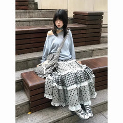 Black Plaid and Polka Dot Lace Patchwork Ruffles A-line Maxi Skirt - Casual Regular Fit