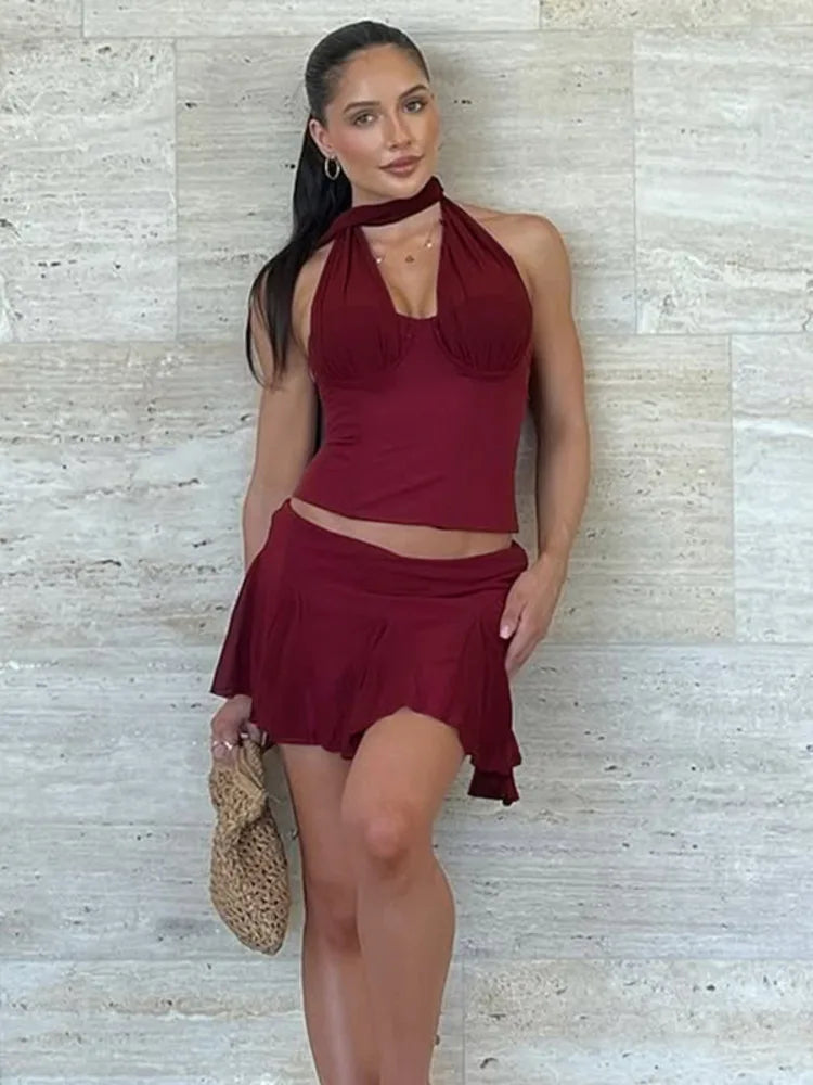 Scarf Halter Corset Top And Mini Skirt Set