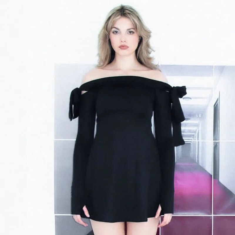 Black Off-shoulder Bow Long Sleeve Mini Dress