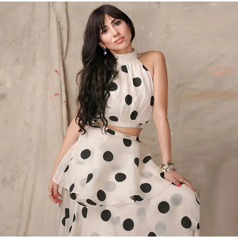 Sleeveless Polka Dot Crop Top And  Multi-Layer Ruffles Skirt Set