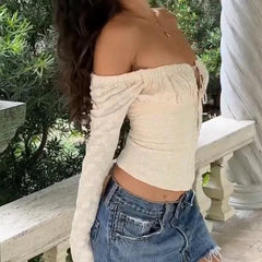 White Jacquard Front Hook Off Shoulder Long Sleeve Top