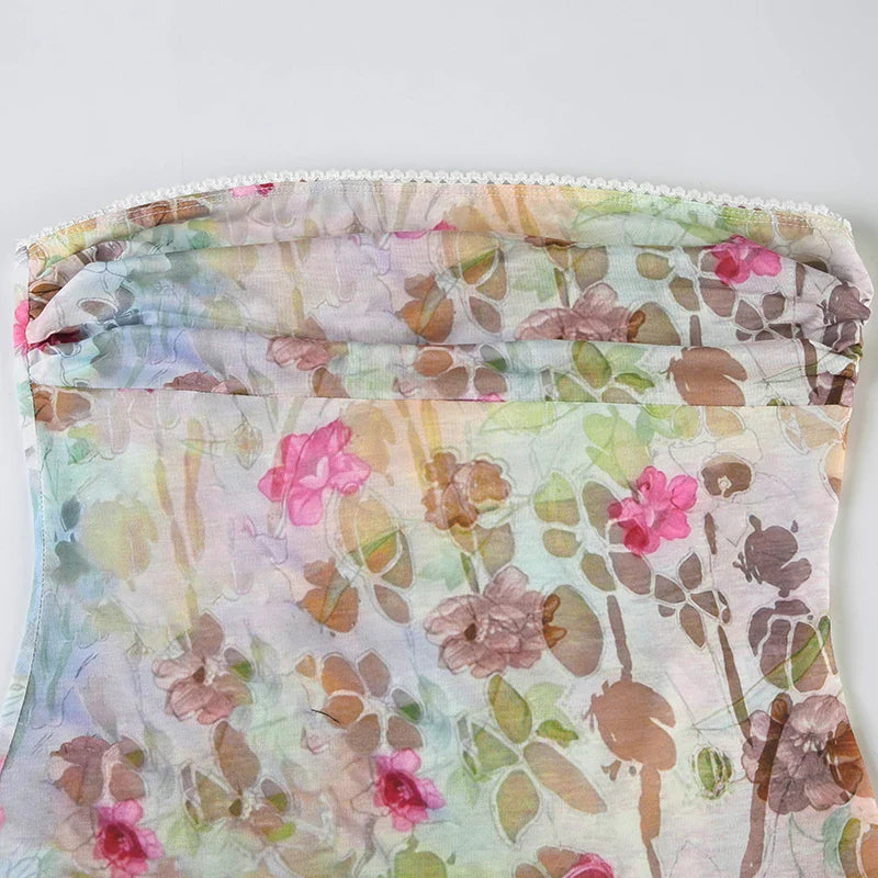 Floral Print Strapless Mesh Top - Vintage Knit Tank