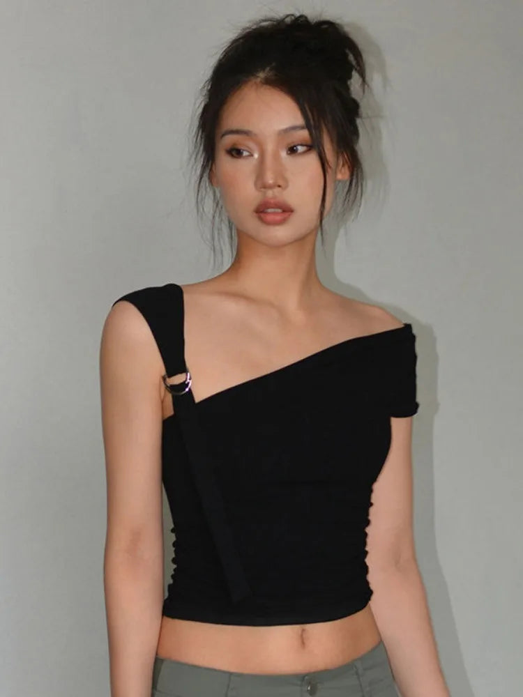Asymmetric Strap Buckle Sleeve Crop Top