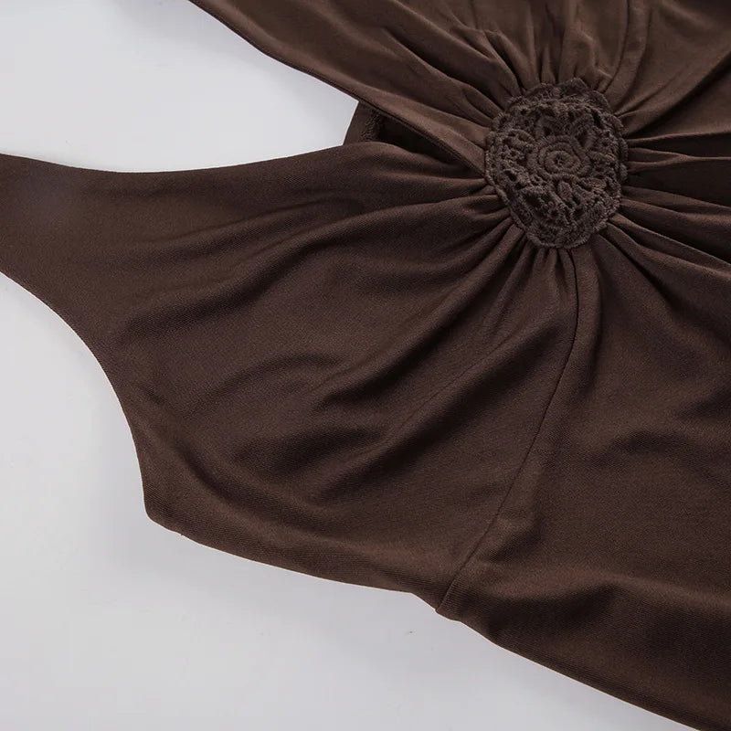 Brown Embroidered V Neck Halter Top