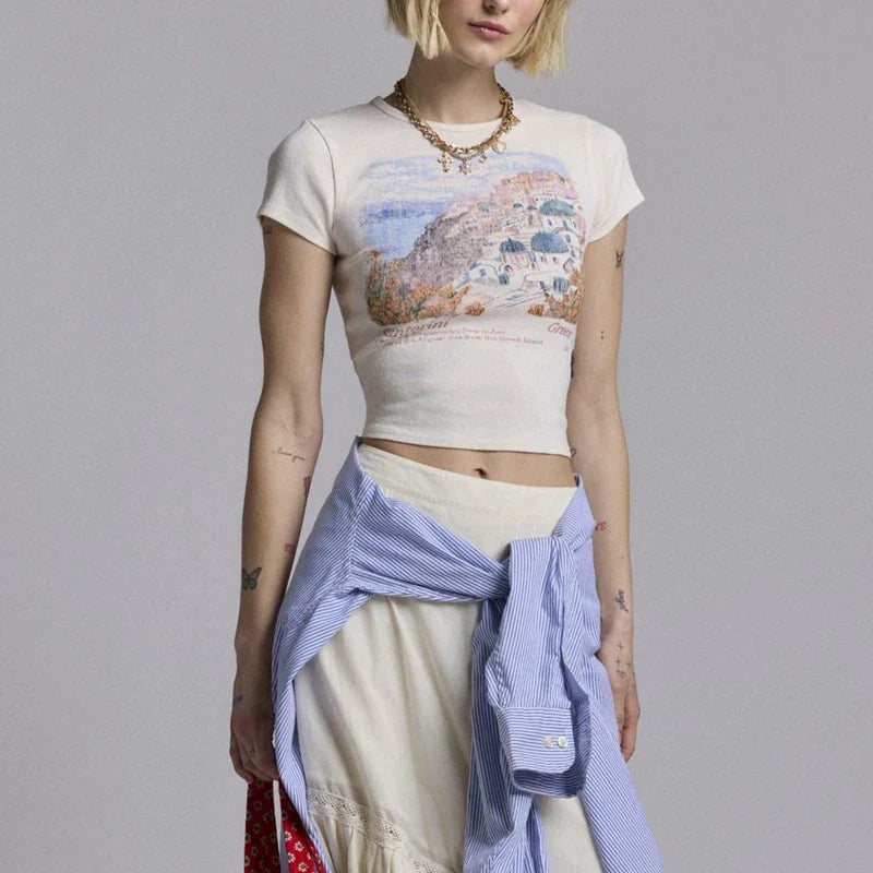 Italy Coast Graphic White Ribbed Top