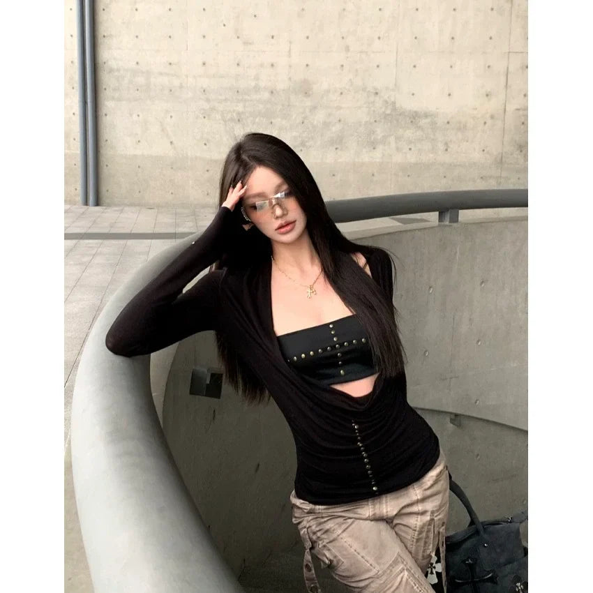 Black Long Sleeve Cut Out Drape Halter Top - Y2K Skinny Fit