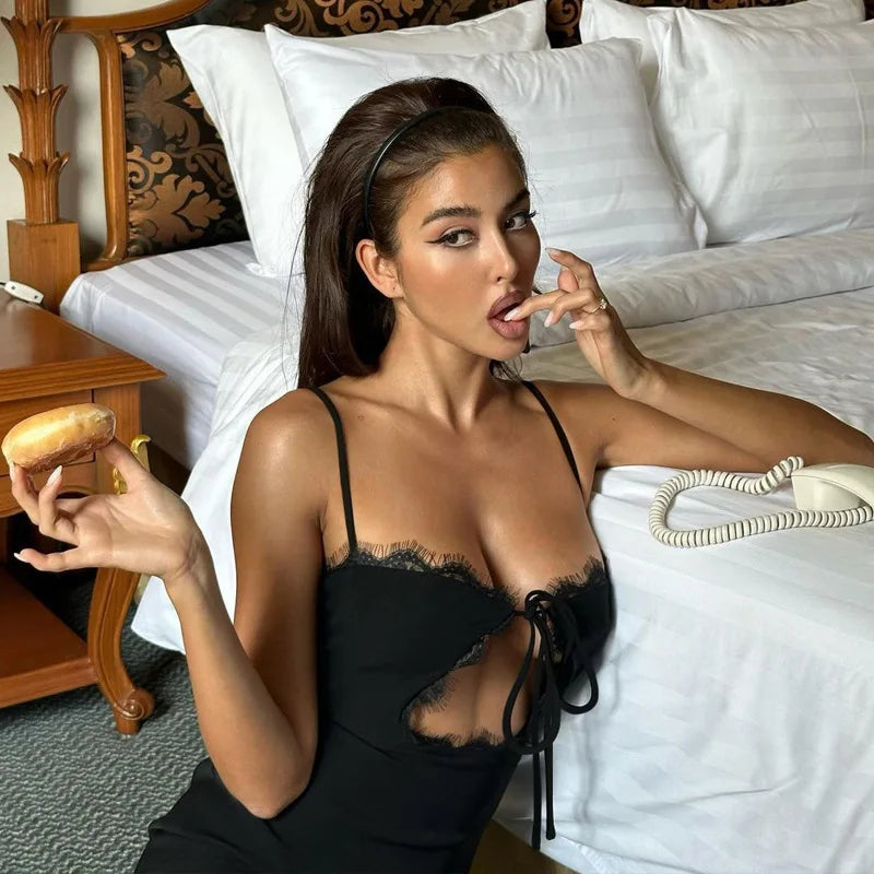 Black Lace Tie Up Strappy Mini Dress