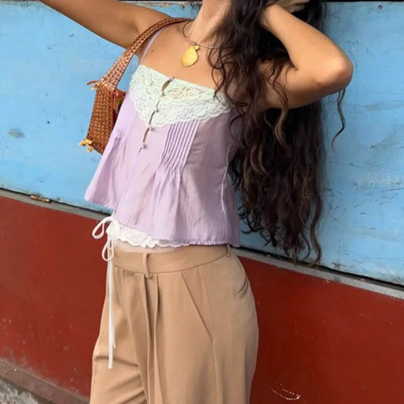 Lace Trim Front Button Up Crop Top
