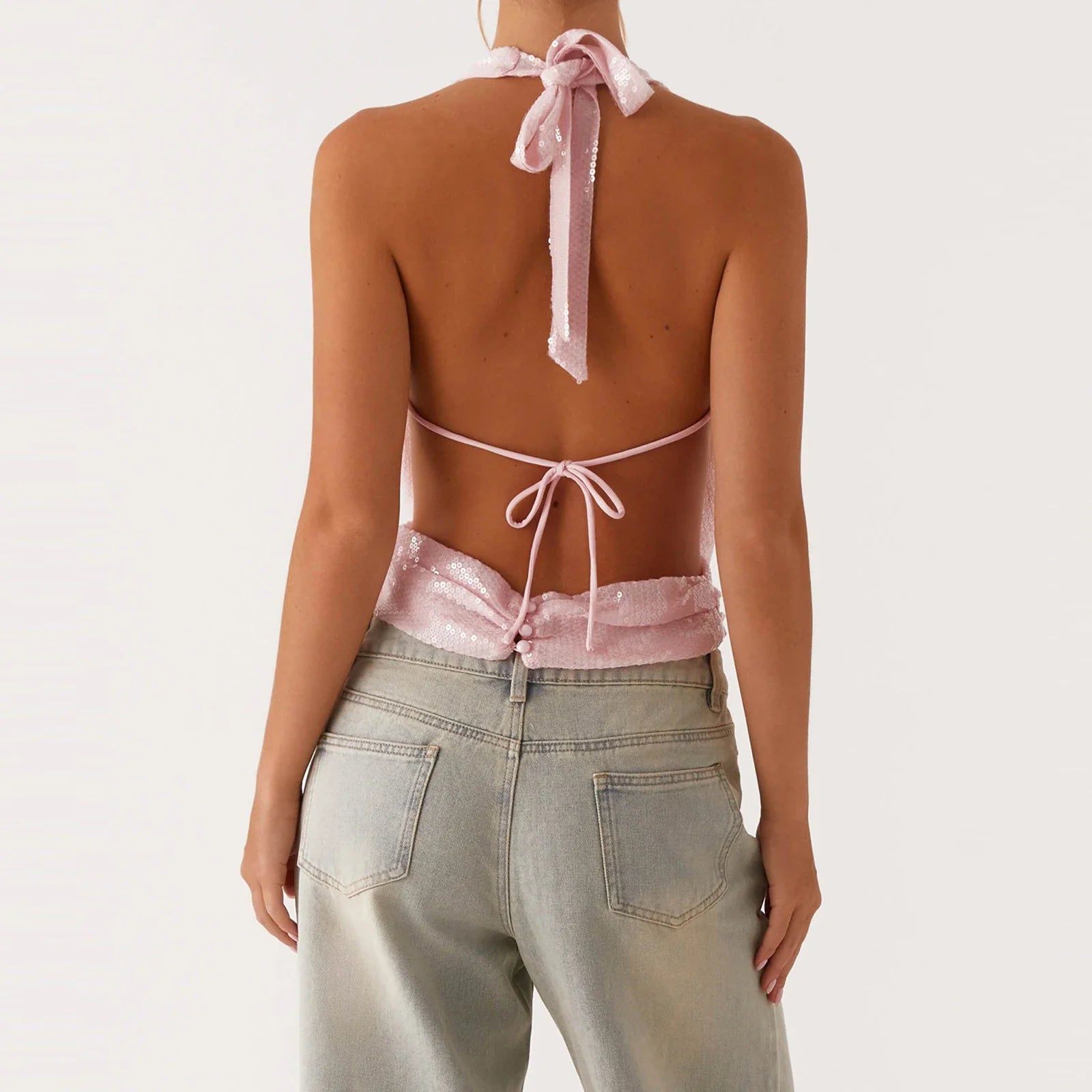 Sequin Deep Neck Halter Tank Top
