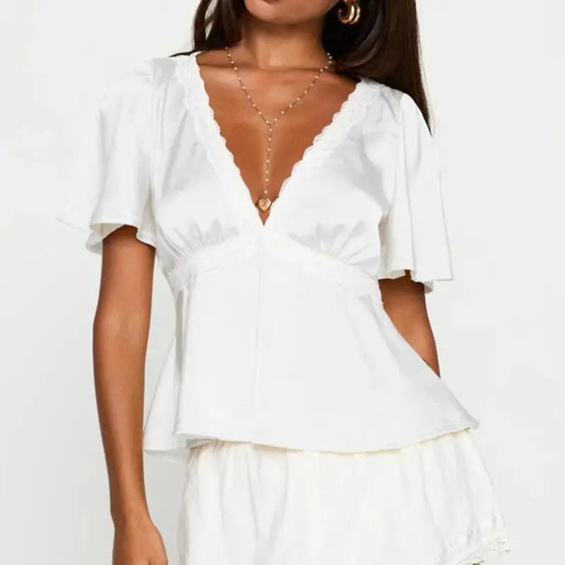 Lace Trim Flare Sleeve Top - High Street Chic