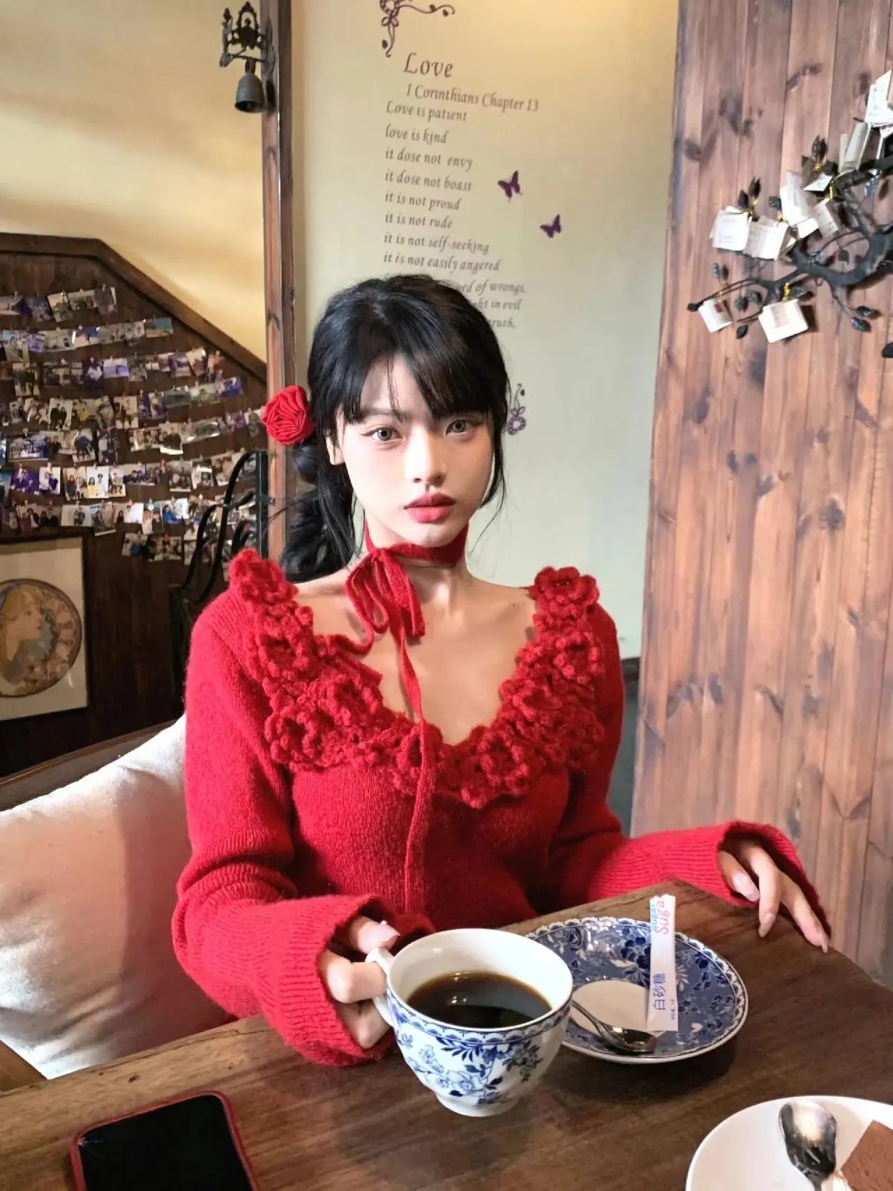 Red 3D Flower Off-Shoulder Long Sleeve Top