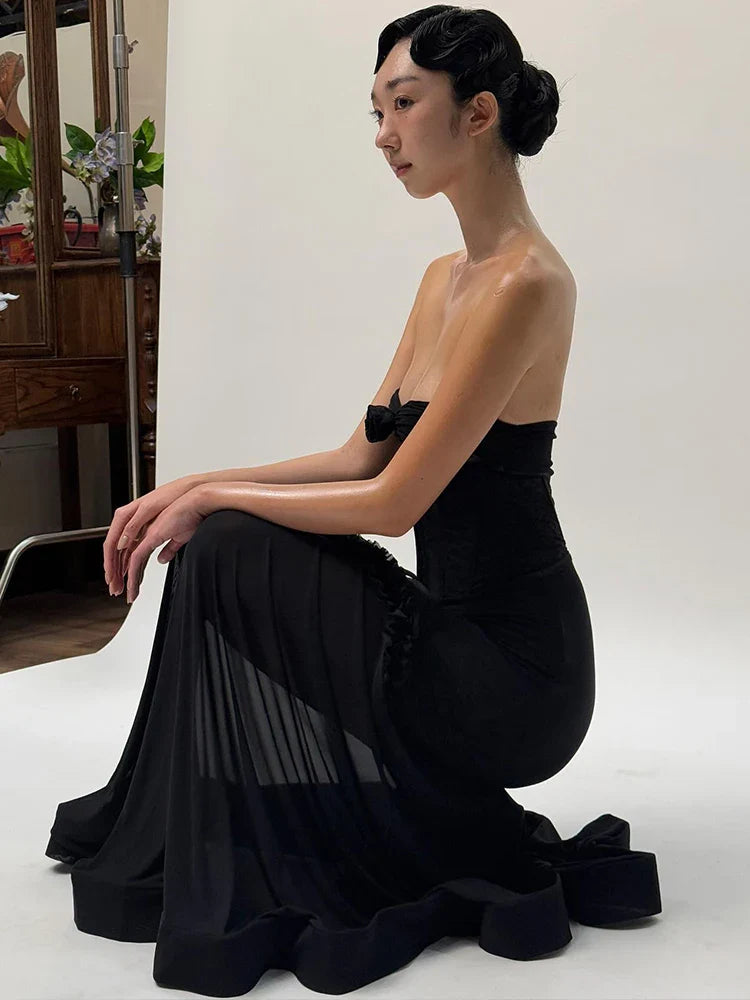 Strapless Cut Out Mesh Corset Ruffles Maxi Dress