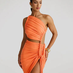 Cut Out Rope Design One Shoulder Slit Midi Dress