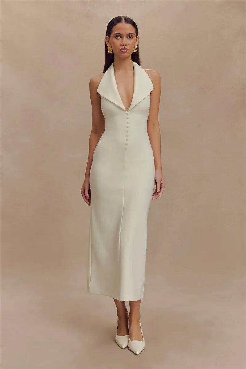 Deep Neck Large Collar Buttoned Halter Midi Dress