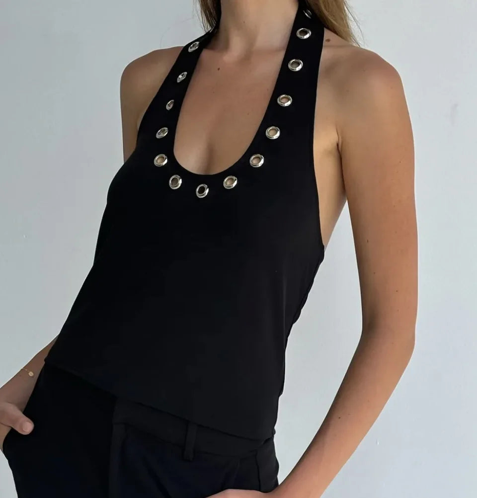 Metal Hollow Halter Neck Vest Top
