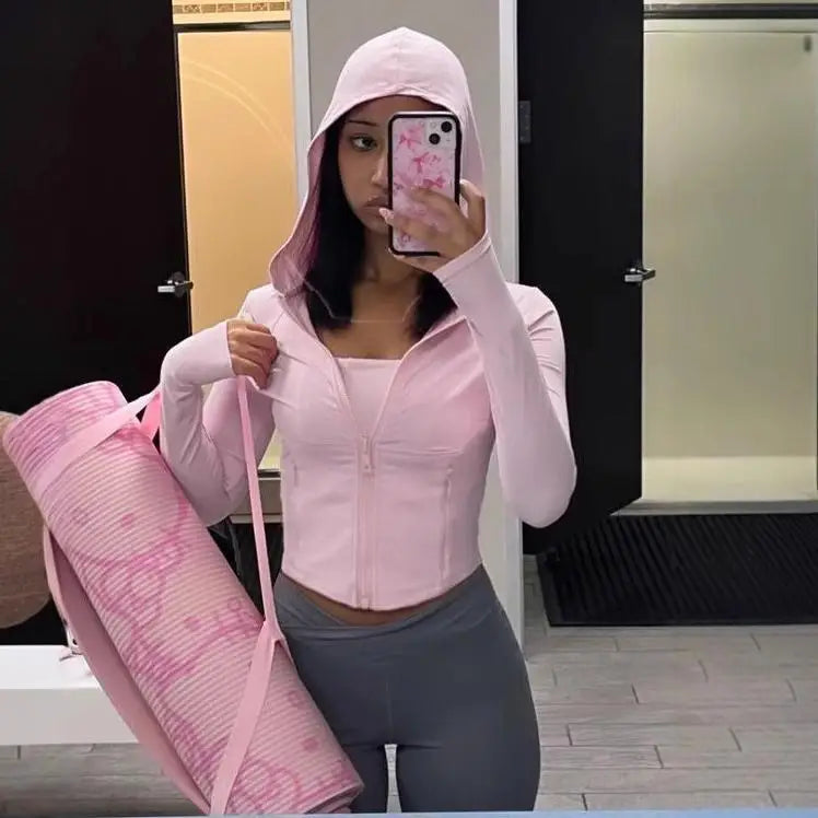 Solid Zipper Hoodie Sports Yoga Top