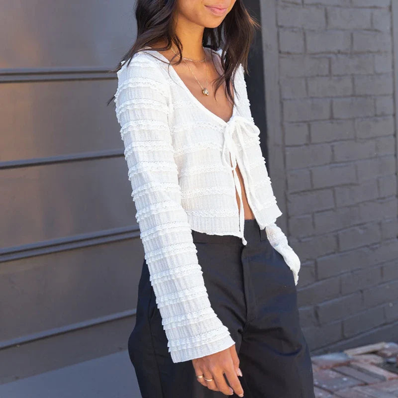 Slit Front Tie Up Textured Long Sleeve Top
