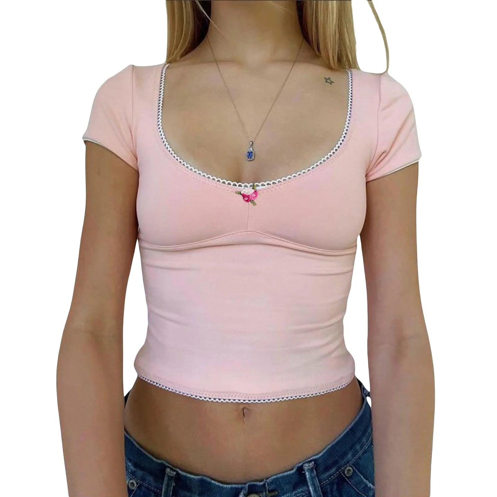 Short Sleeve Lace Trim Scoop Neck with Bow Top