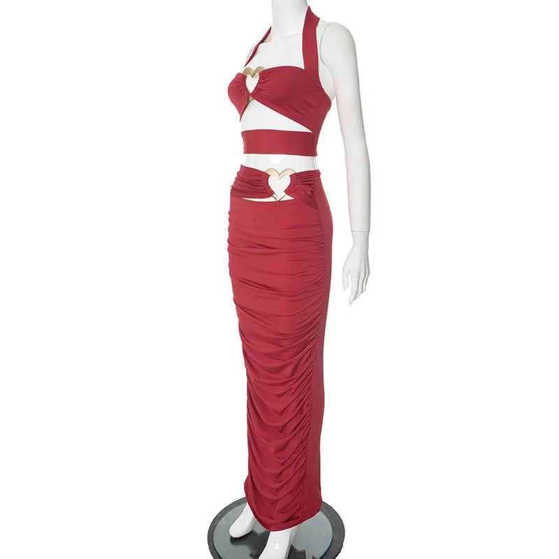 Red Heart Cut Out Halter Top And Maxi Skirt Set