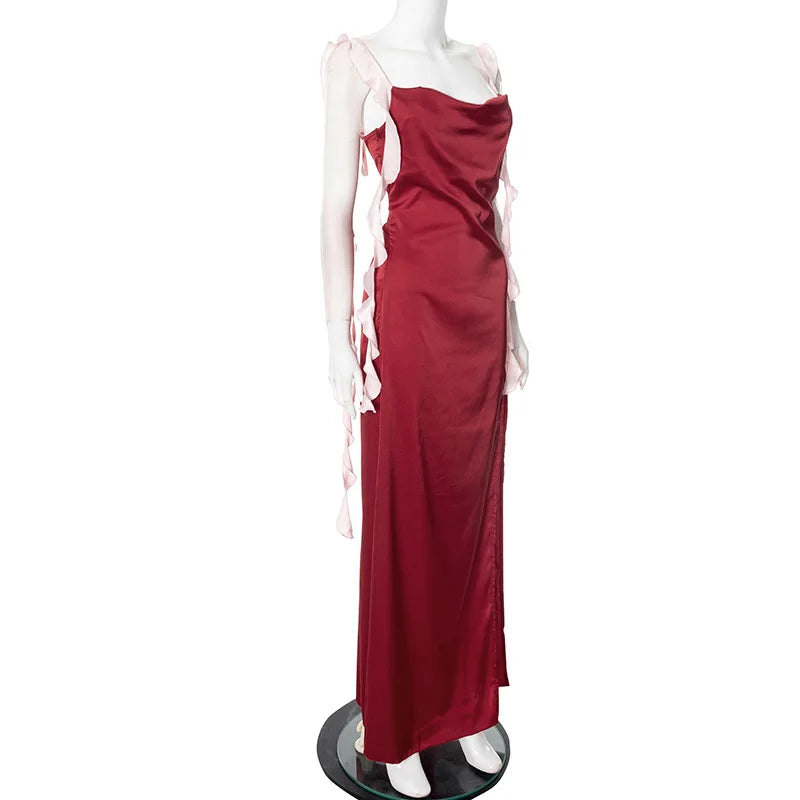 Frill Strap Satin Midi Dress