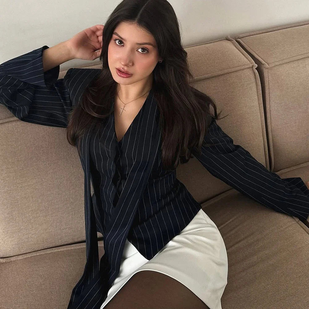 Stripe Tailored Coat With Scarf Top