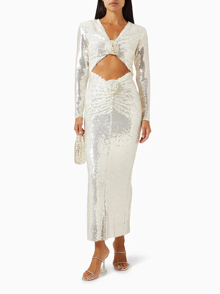 White Sequin Long Sleeve Flower Maxi Dress