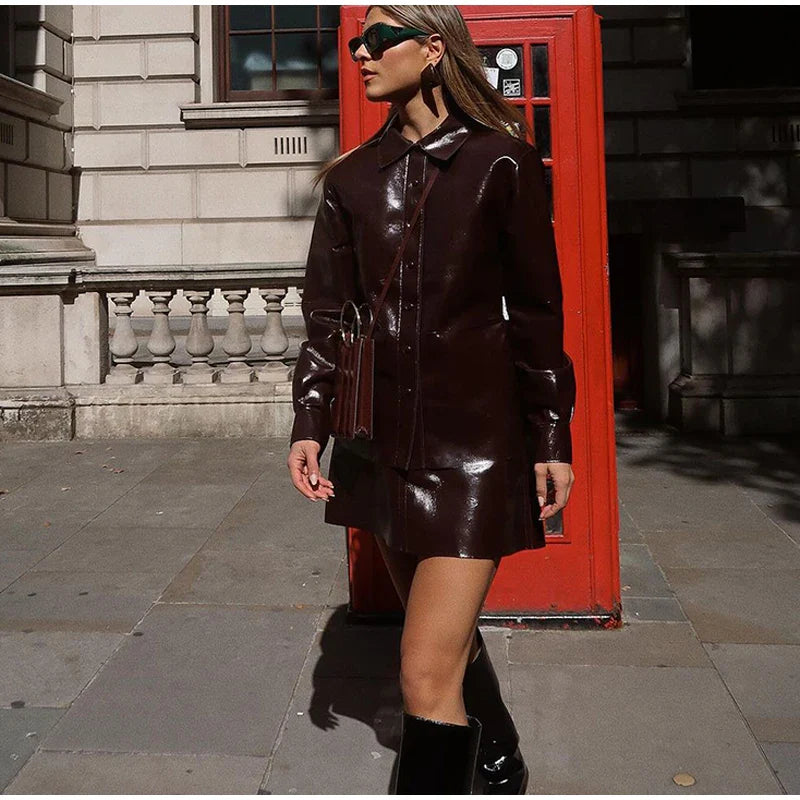 Burgundy Pu Leather Jacket And Mini Skirt