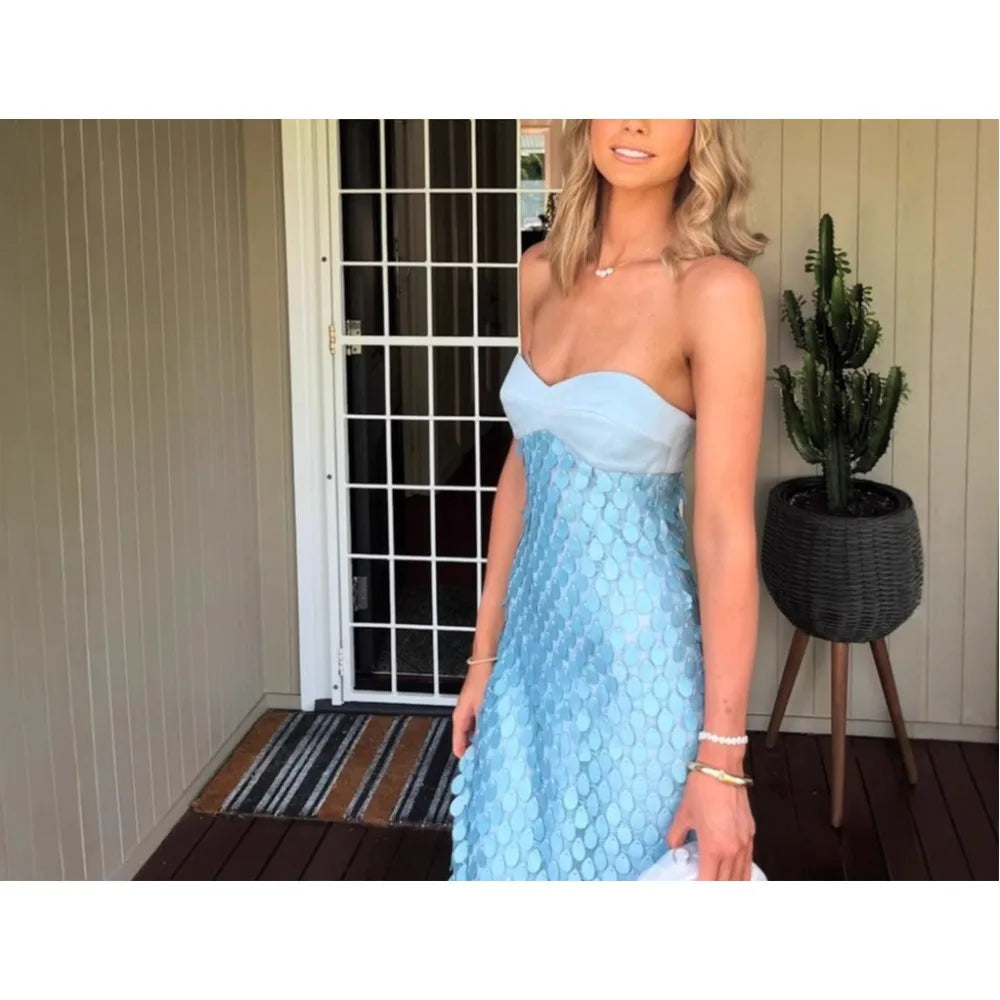 Strapless Sequins Beaded Midi Dress - A-Line Fit