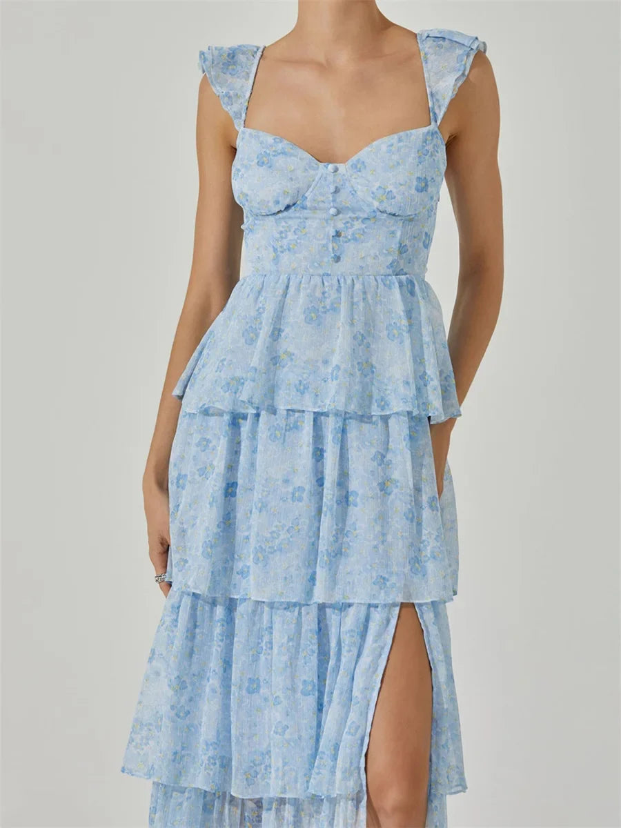 Floral Print Multi-Layered Tiered Ruffles Maxi Dress
