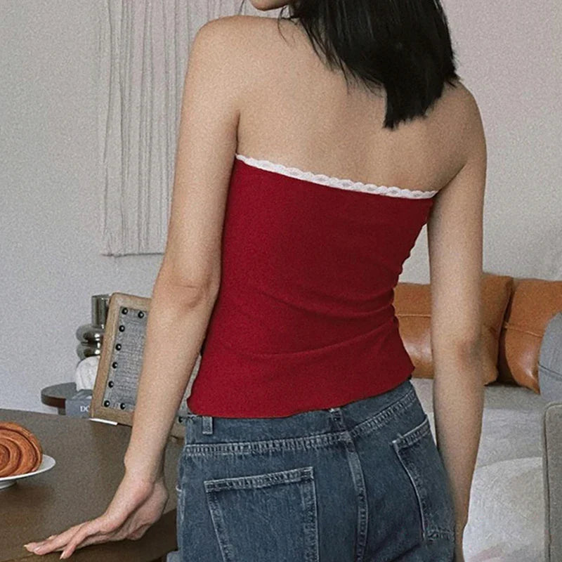 Red Lace Tie Up String Top