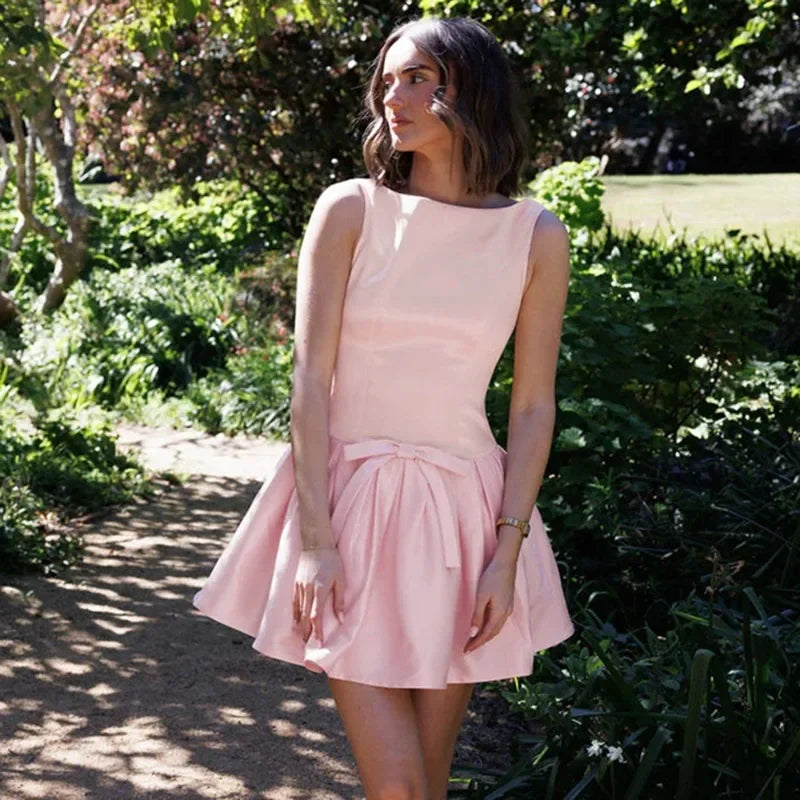 Pink Tank Bow Flare Mini Dress