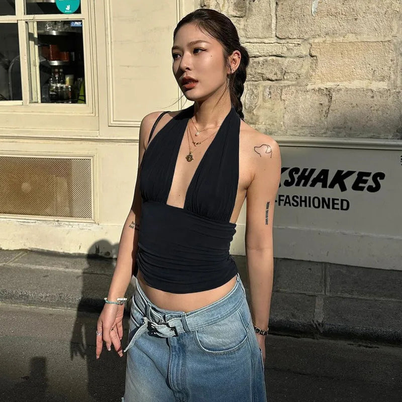 Deep Neck Halter Crop Top â€?Backless & Bold Fit