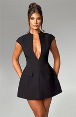 Black Deep Neck Short Sleeve Solid Mini Dress