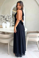 Black Deep Neck High Split Maxi Dress
