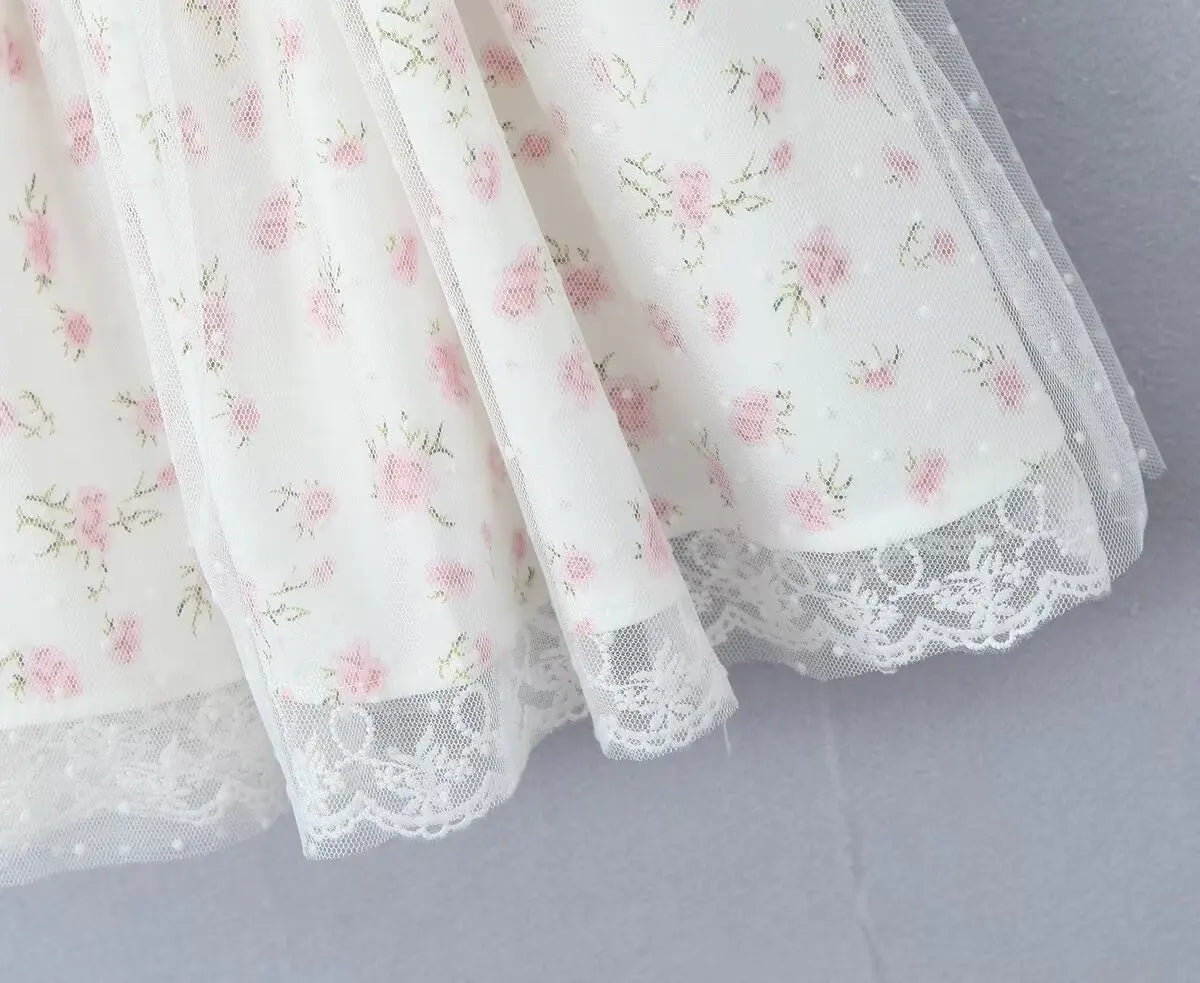 White Floral Print Bow Strap Pleated Mini Dress