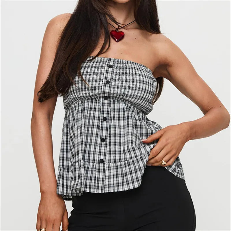 Black Plaid Strapless Peplum Top